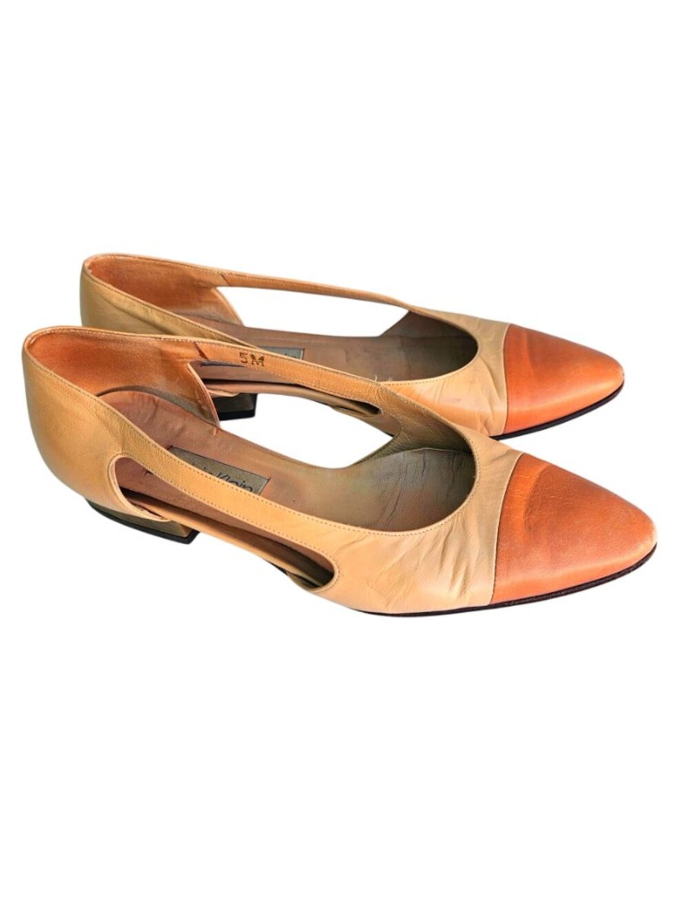 Vintage Calvin Klein Flats Italy Leather Cap Toe Cutout Beige Orange Sz 5 - Picture 3 of 12